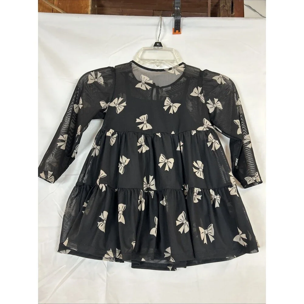 Baby Gap Girls 4T Babydoll Dress Tiered Mesh Black Tan Bow Print Long Sleeve